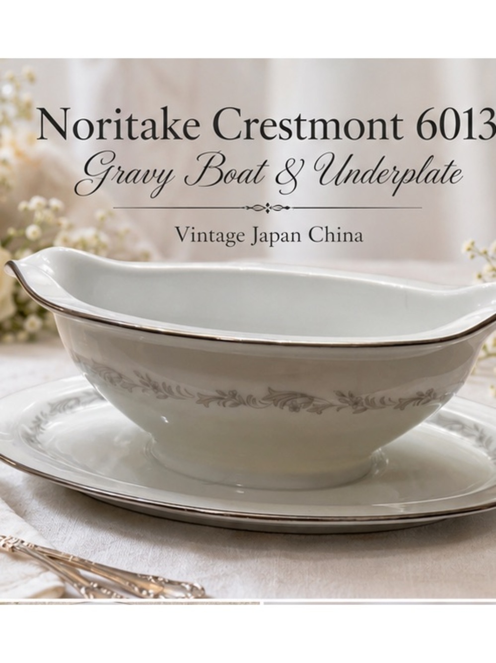 Vintage Noritake Crestmont Gravy Boat Underplate Silver Trim Japan Replacement
